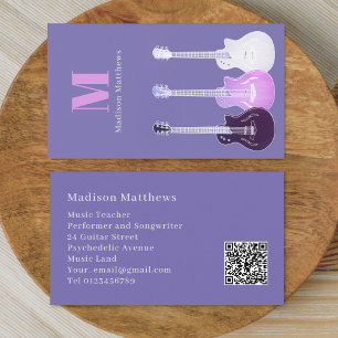 Guitar Music Teacher Custom QR Code Purple Business Card