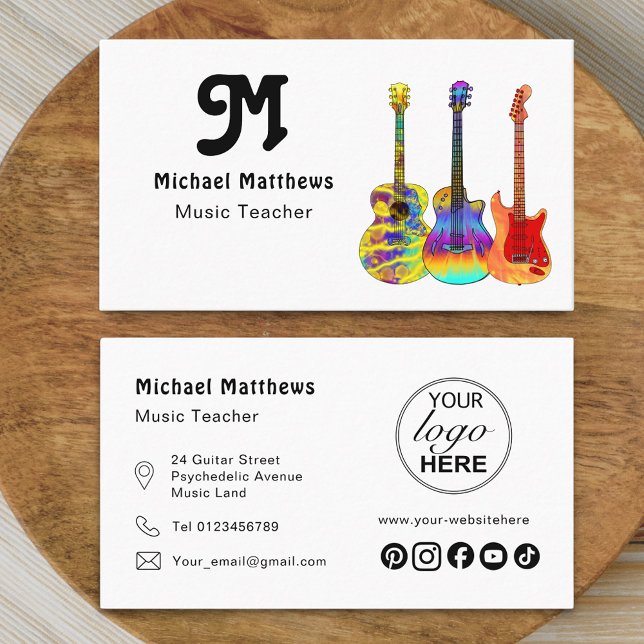 Guitar Music Teacher Logo and Social Media Custom Business Card (Modern retro guitar music tutor professional musician logo social media business card)