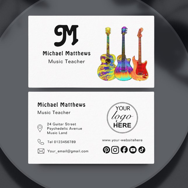 Guitar Music Teacher Logo and Social Media Custom Business Card (Retro guitar music teacher custom logo business card)