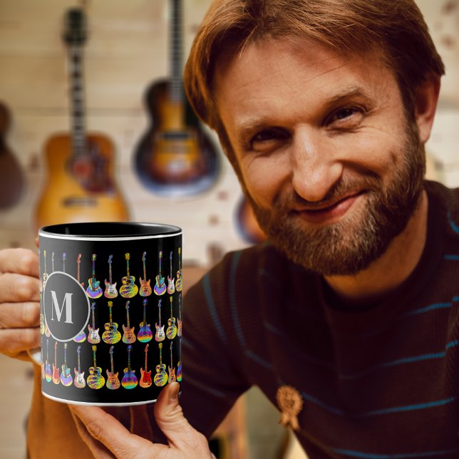 guitar music teacher or student personalised mug (Colorful guitar pattern on black custom monogram initial mug)