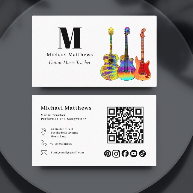 Guitar Music Teacher QR code Social Media Custom Business Card (Minimalist guitar teacher qr code custom business card)