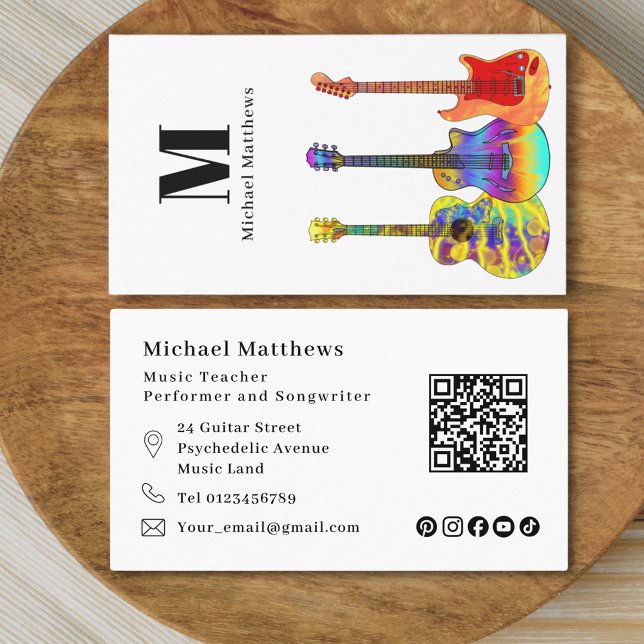 Guitar Music Teacher QR Code Social Media Custom Business Card (Modern guitar teacher qr code and social media custom business card)