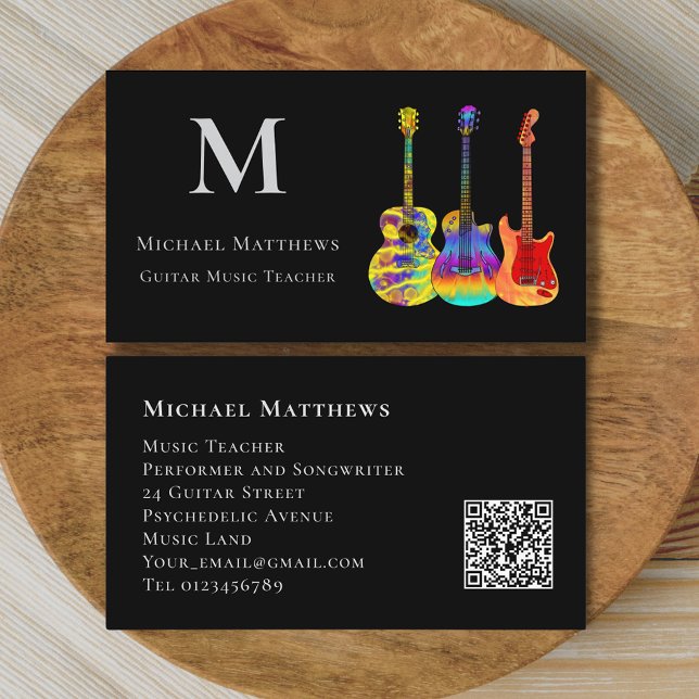Guitar Music Teaches Custom QR Code Business Card (Stylish guitar music teacher qr code custom business card)