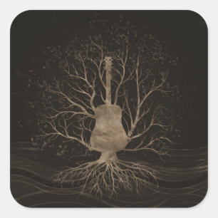 Guitar Music Tree - Gold and Browns Square Sticker