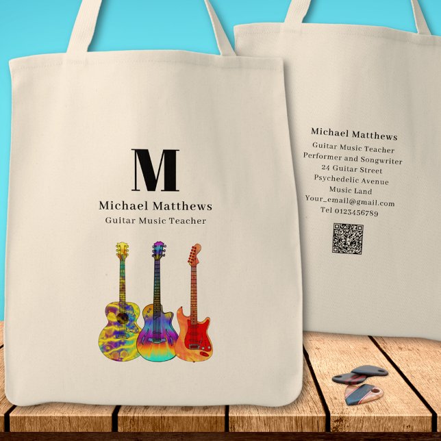 Guitar Music Tutor Custom QR Code Tote Bag (Guitar teacher music business website QR code custom tote bag)