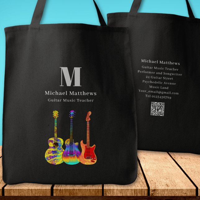 Guitar Music Tutor Custom QR Code Tote Bag (Guitar teacher music business website QR code custom monogram tote bag)