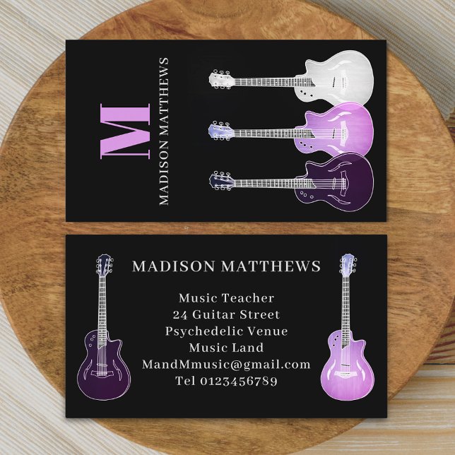 Guitar Musician Music Teacher Pink Black Business Card (Simple Guitar music teacher professional musician pink and black Business card Semi acoustic art)