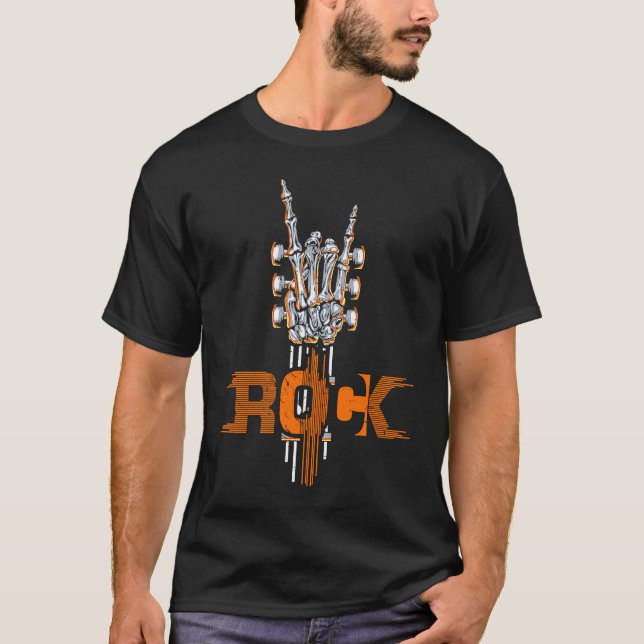 Guitar Neck Skeleton Hand Rock and Roll Rock On Di T-Shirt (Front)