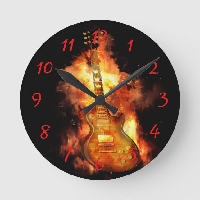 Guitar on fire round clock (Front)