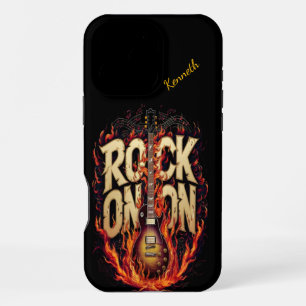 Guitar on fire with rock-inspired typography iPhone 16 pro max case