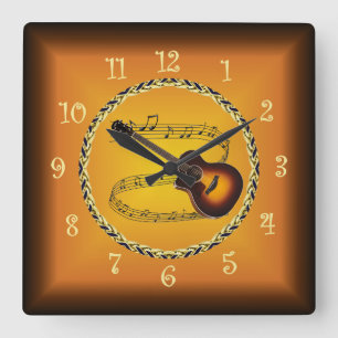 Guitar On Musical Scroll & Russet Orange ~  Square Wall Clock