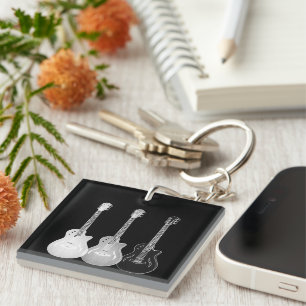 Guitar pattern black and white personalised key ring