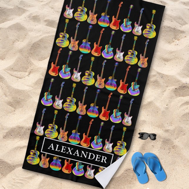 Guitar Pattern Personalised  Beach Towel (Colorful funky guitar pattern on black personalized name beach towel for guitarist musician  )