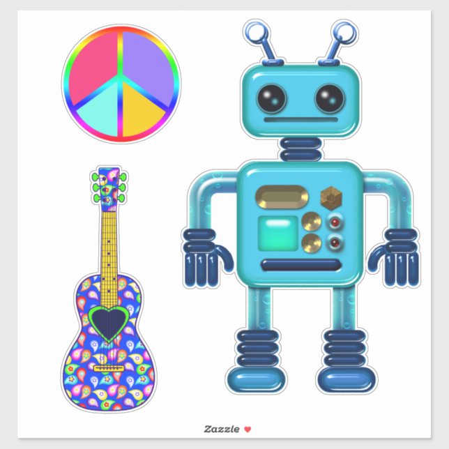 Guitar Peace Sign Aqua Robot Cute (Sheet)