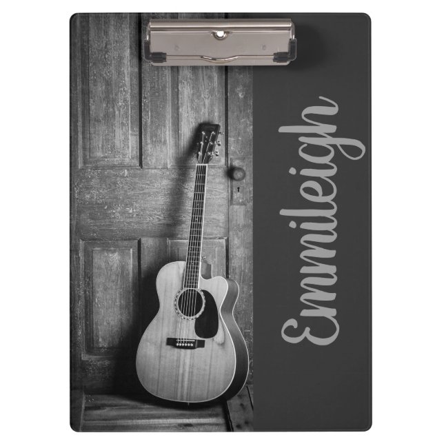 Guitar Photo Black White Rustic Country Wood Door Clipboard (Front)