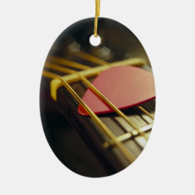 Guitar Pick Tucked in Strings Ceramic Tree Decoration (Front)