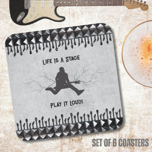 Guitar Play It Loud Gray Black Music Rockstar  Square Paper Coaster