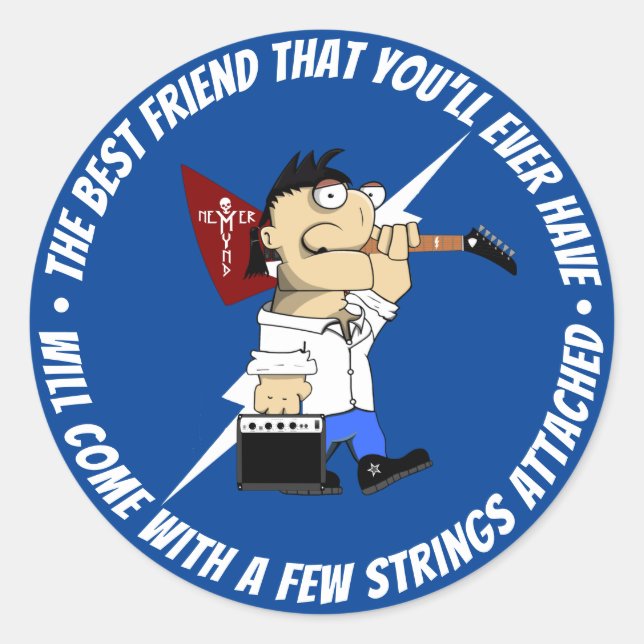 Guitar Player Best Friend On The Road Cartoon Blue Classic Round Sticker (Front)