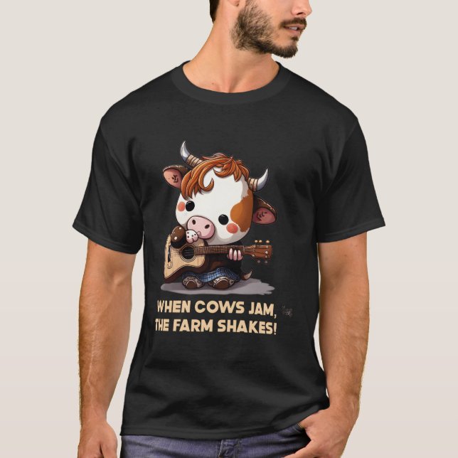 Guitar Playing Cow Kawaii Music Guitarist T-Shirt (Front)