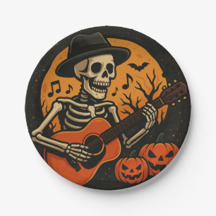 Guitar-Playing Skull Halloween Paper Plate