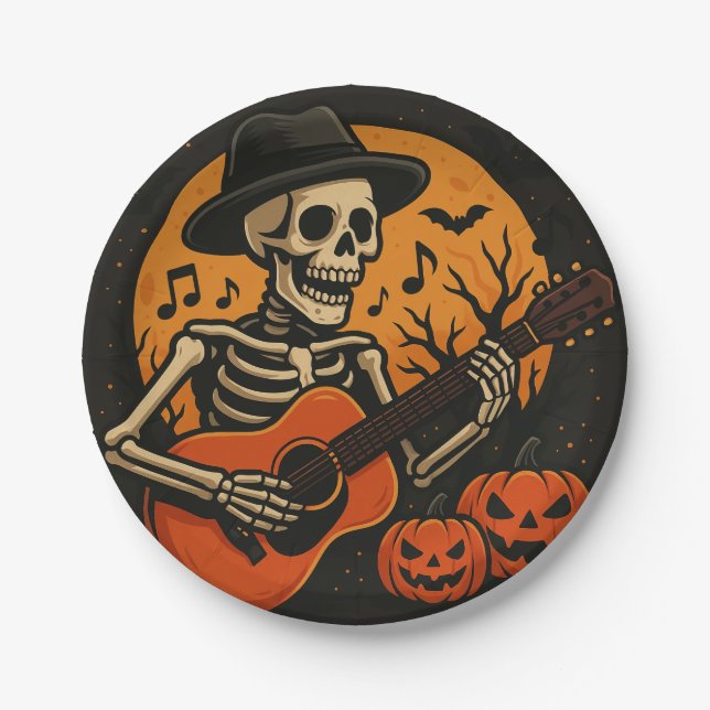 Guitar-Playing Skull Halloween Paper Plate (Front)