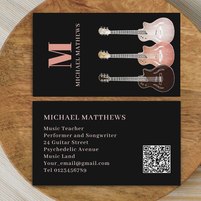 Guitar Professional Musician Custom QR Code Business Card (Modern guitar teacher professional musician qr code Business card Rustic country music electric )