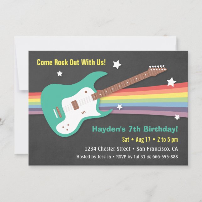 Guitar Rainbow Rockstar Birthday Party Invitations (Front)