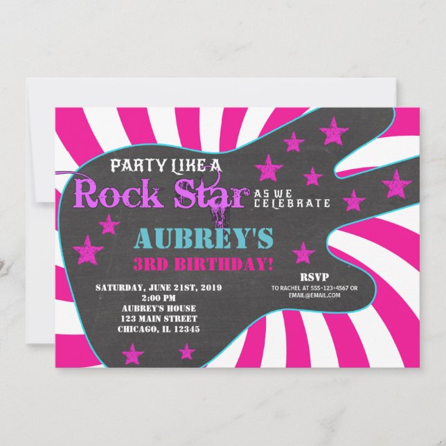 Guitar rock star pink black girl birthday invitation (Front)