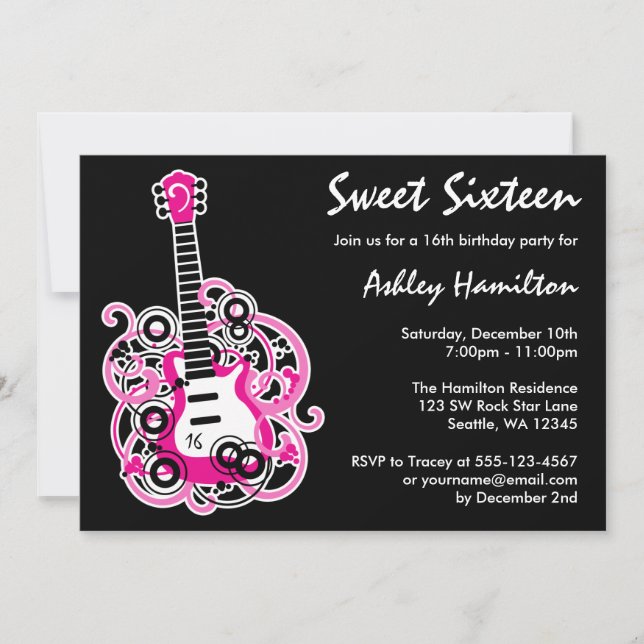 Guitar Rock Star Sweet 16 Birthday Party Hot Pink Invitation (Front)