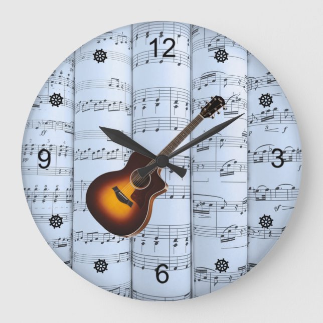 Guitar ~ Rolled Sheet Music ~ Blue Tint Background Large Clock (Front)