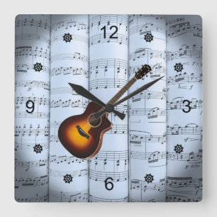 Guitar ~ Rolled Sheet Music ~ Blue Tint Background Square Wall Clock