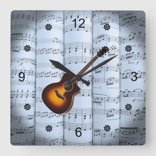 Guitar ~ Rolled Sheet Music ~ Blue Tint Background Square Wall Clock (Front)