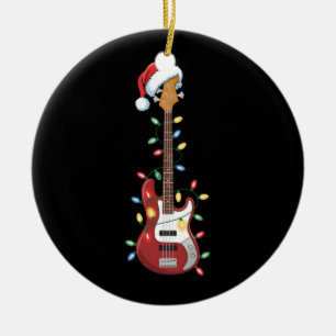 Guitar Santa Hat Christmas Lights Bass Player Xmas Ceramic Ornament