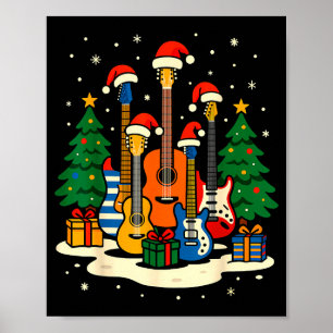 Guitar Santa Hat Christmas Tree Light Funny Music Poster