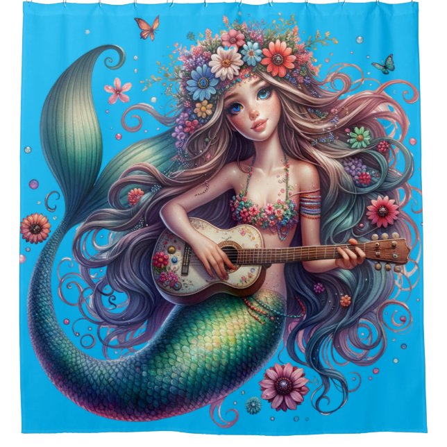"Guitar Serenade: Mermaid's Melody" Shower Curtain (Front)