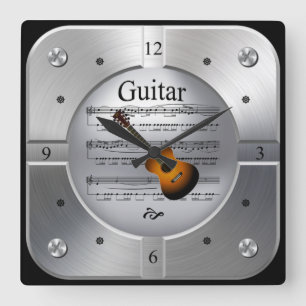 Guitar ~ Sheet Music ~ Brushed Silver Colour ~ Square Wall Clock