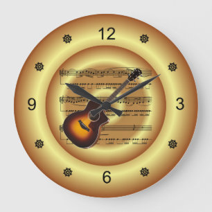 ~ Guitar~ Sheet Music ~ Gold Background ~ Large Clock