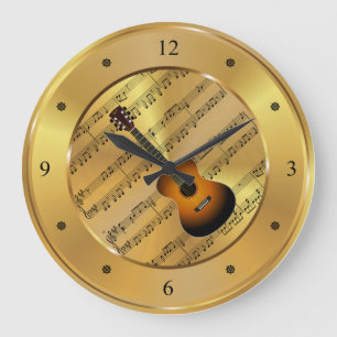 Guitar ~ Sheet Music ~ Gold Background ~ Unique ~ Large Clock