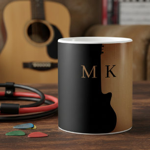 Guitar Silhouette Tan Wood Name Monogram Coffee Mug