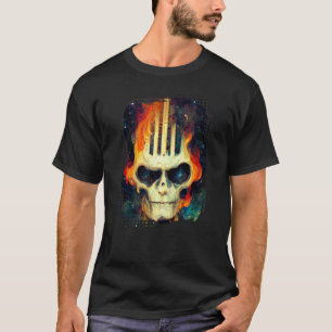 Guitar Skeleton Skull with Flames over the Galaxy T-Shirt