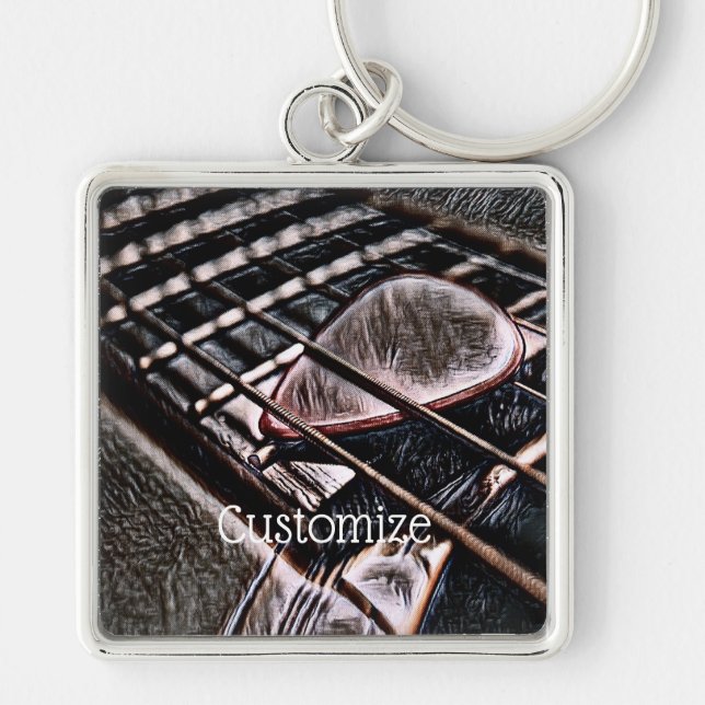 Guitar Strings In Leather Square Premium Key Chain (Front)