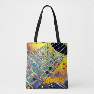 Guitar strings music mustard colourful vintage tote bag