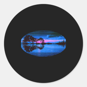 Guitar Sunset Sky Trees City Lake Reflection Classic Round Sticker