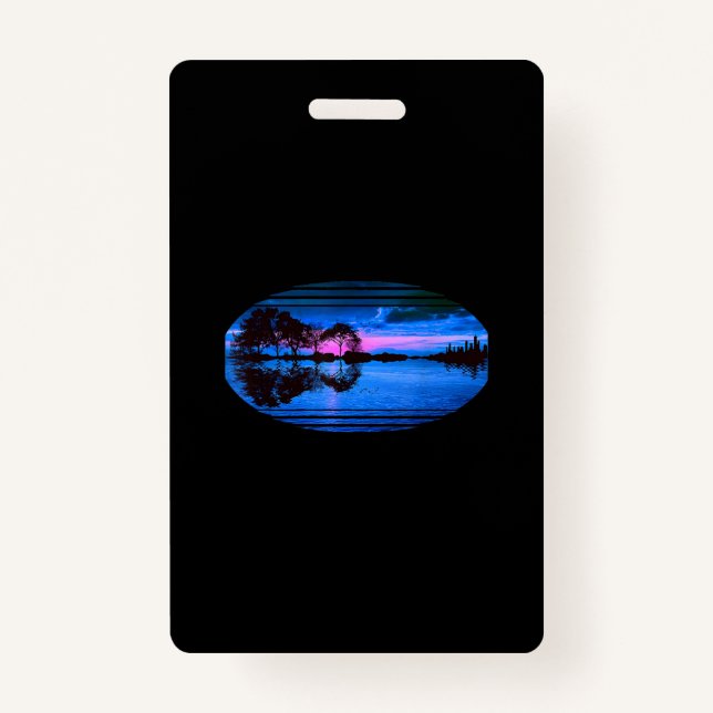 Guitar Sunset Sky Trees City Lake Reflection ID Badge (Front)