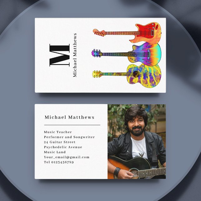 Guitar Teacher Custom Photo Business Card (Modern guitar teacher business card with custom photo template)