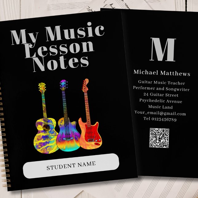 Guitar Teacher Custom Student Music Lesson Notebook (Guitar teacher music lessons business qr code custom student name notebook)