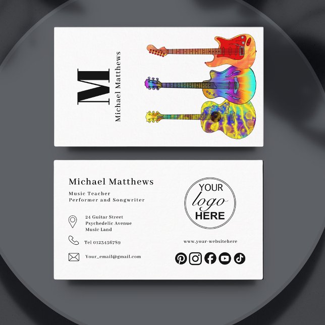Guitar Teacher Logo and Social Media Custom Business Card (Music teacher musician custom business card with logo template and social media icons)