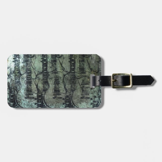 Guitar Teal Green Black Collage Luggage Tag (Front Horizontal)