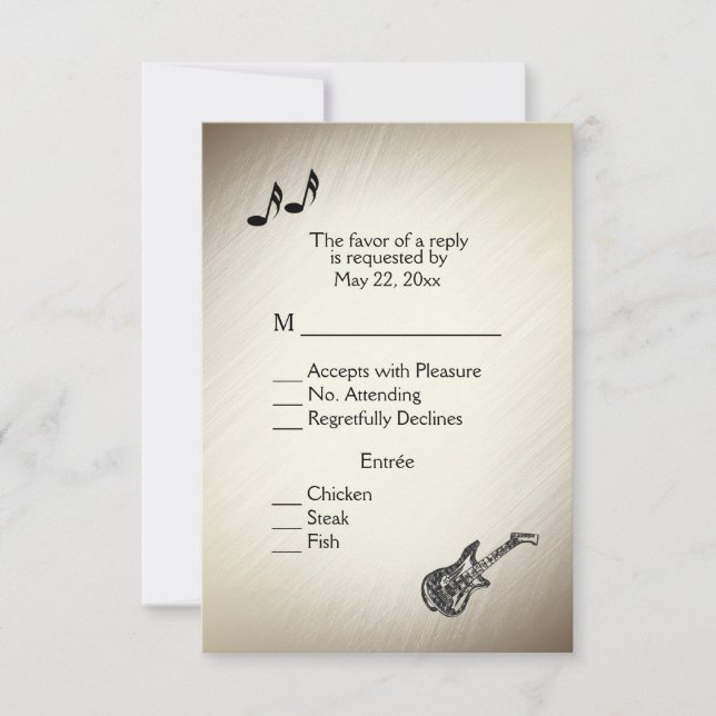Guitar Theme Antique Gold RSVP with Menu Choice (Front)