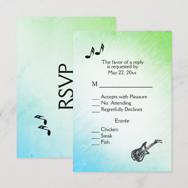 Guitar Theme Funky Greens RSVP with Menu Choice (Front/Back)